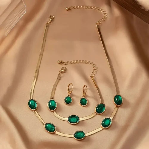 Oval Green Crystal Pendant Necklace Set With Bracelet