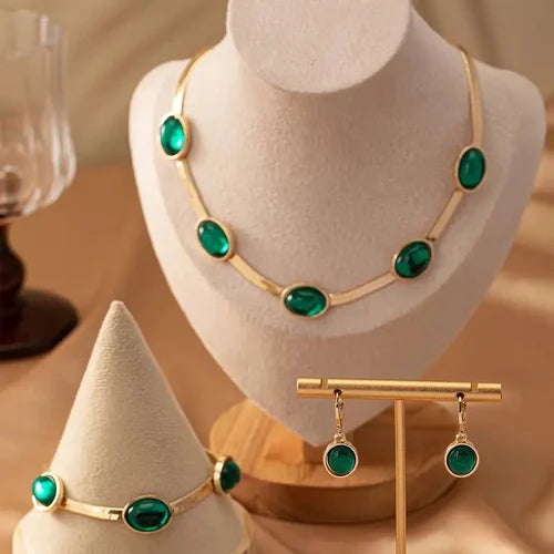Oval Green Crystal Pendant Necklace Set With Bracelet