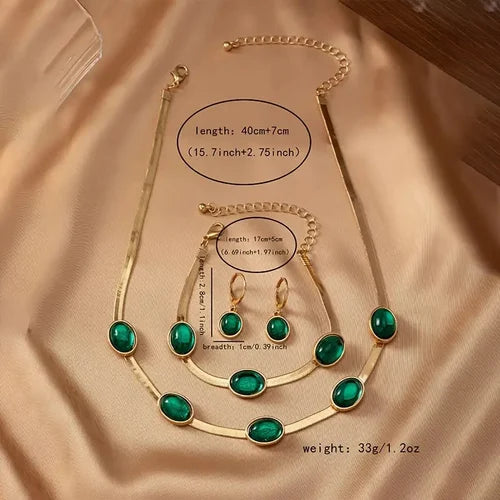 Oval Green Crystal Pendant Necklace Set With Bracelet